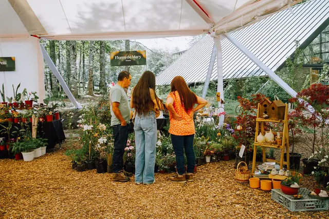 Visitantes recorren un stand de plantas bajo la carpa